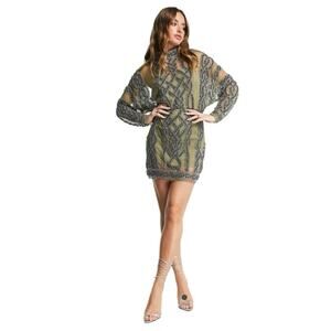 Asos Women's khaki olive Green Embellished Sheer Sleeves Mini Dress Size 2
